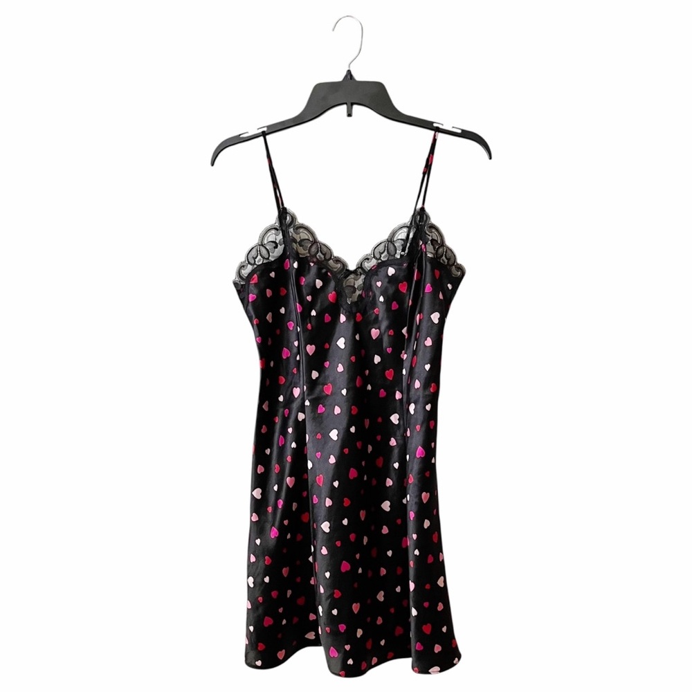 Vintage Cacique Lingerie Teddy Women's Size M Black Hearts Liquid Satin Silky